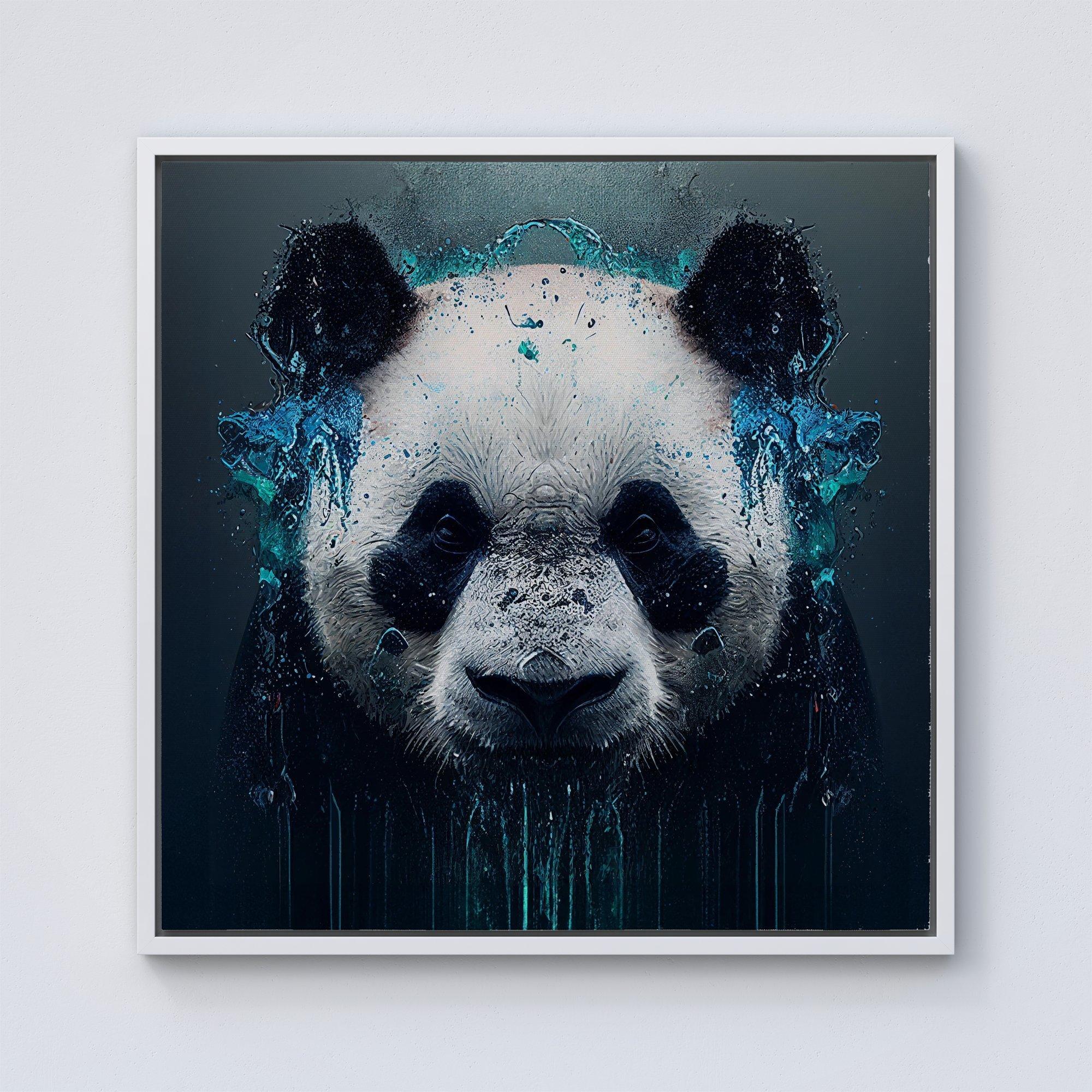 Panda Face Splashart Dark Background Framed Canvas